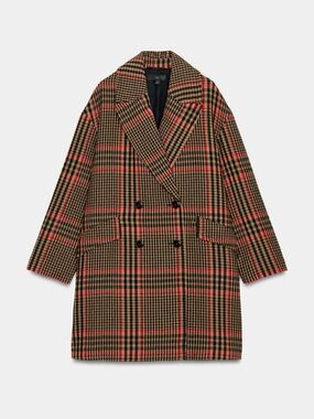 Zara Brown Plaid Double-Breasted Pea Coat with Red Accents